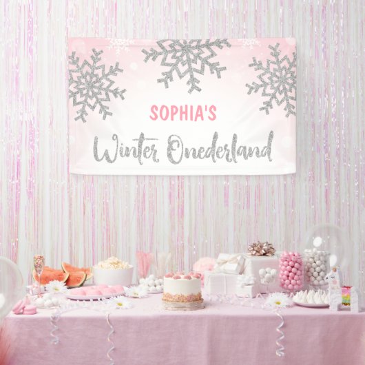 Roze Silver Winter ONEderland 1e verjaardag Spandoek (Feest)