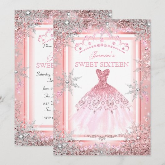 Roze Silver Winter Wonderland Sweet 16 Birthday Kaart (Voorkant / Achterkant)