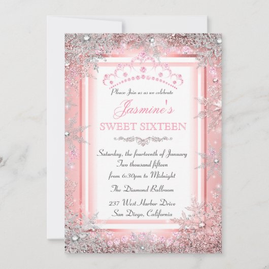Roze Silver Winter Wonderland Sweet 16 Party Kaart (Voorkant)