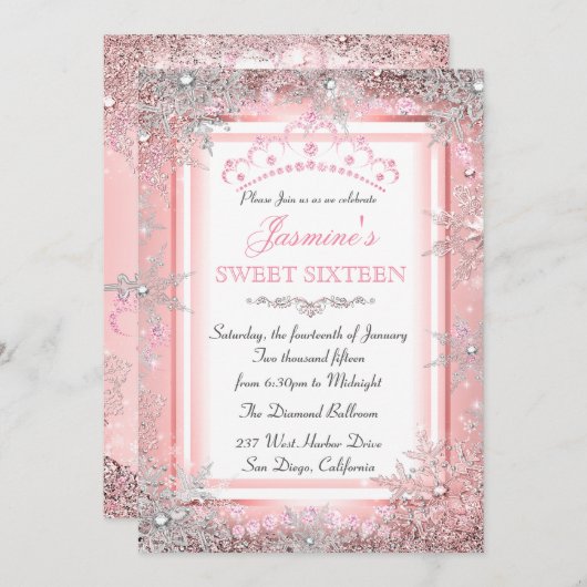 Roze Silver Winter Wonderland Sweet 16 Party Kaart (Voorkant / Achterkant)
