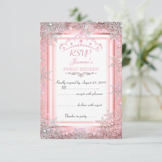 Roze Silver Winter Wonderland Sweet 16 Party RSVP Kaart (Staand voorkant)