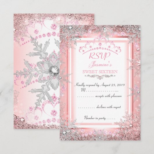 Roze Silver Winter Wonderland Sweet 16 Party RSVP Kaart (Voorkant / Achterkant)