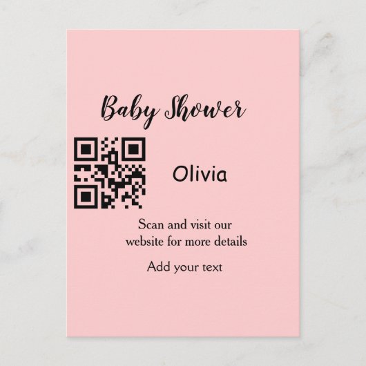 Roze simpele baby shower q r code voeg naam tekst briefkaart (Voorkant)