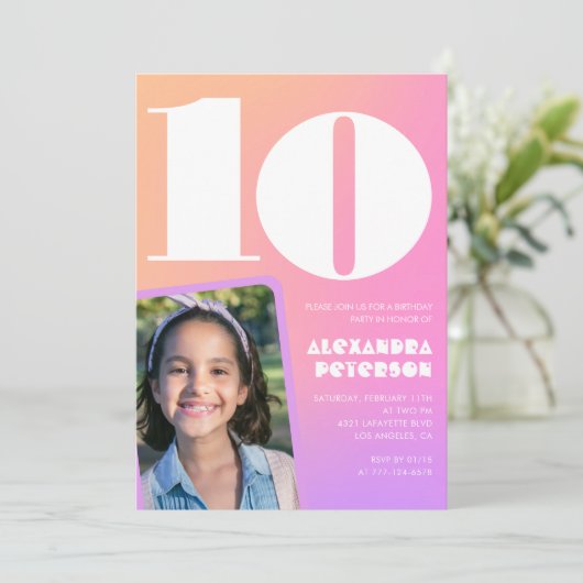Roze Sinaasappel 10e verjaardagsuitnodiging Retro Kaart (Staand voorkant)