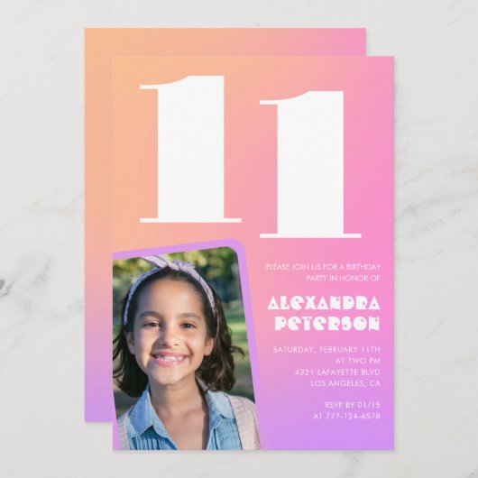 Roze Sinaasappel 11e verjaardagsuitnodiging Retro Kaart (Voorkant / Achterkant)