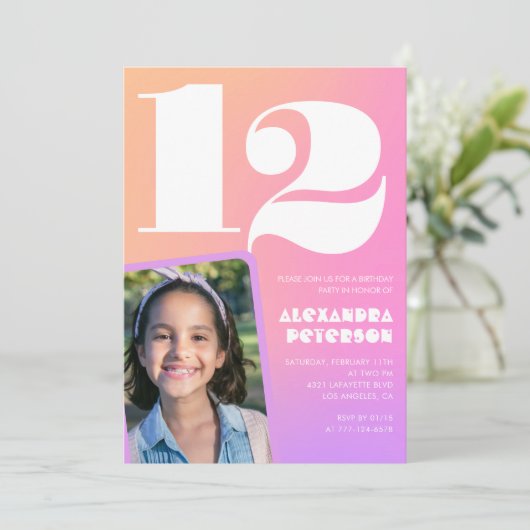 Roze Sinaasappel 12e verjaardagsuitnodiging Retro Kaart (Staand voorkant)