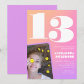 Roze Sinaasappel 13e verjaardagsuitnodiging Retro Kaart (Voorkant / Achterkant)