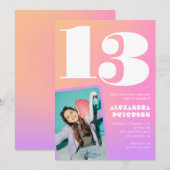 Roze Sinaasappel 13e verjaardagsuitnodiging Retro Kaart (Voorkant / Achterkant)