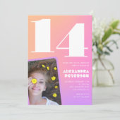 Roze Sinaasappel 14e verjaardagsuitnodiging Retro Kaart (Staand voorkant)