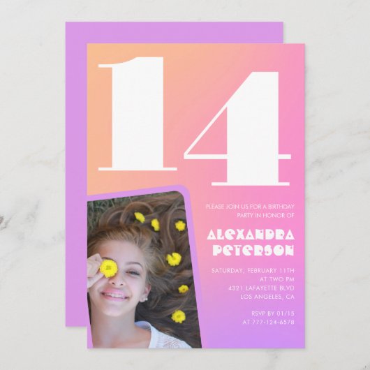 Roze Sinaasappel 14e verjaardagsuitnodiging Retro Kaart (Voorkant / Achterkant)
