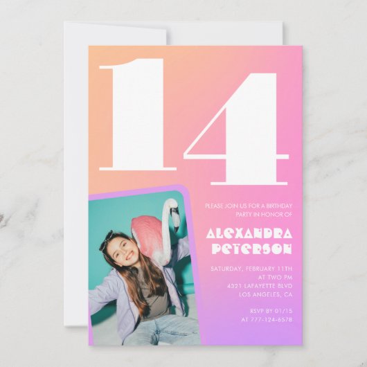 Roze Sinaasappel 14e verjaardagsuitnodiging Retro Kaart (Voorkant)