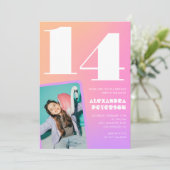 Roze Sinaasappel 14e verjaardagsuitnodiging Retro Kaart (Staand voorkant)
