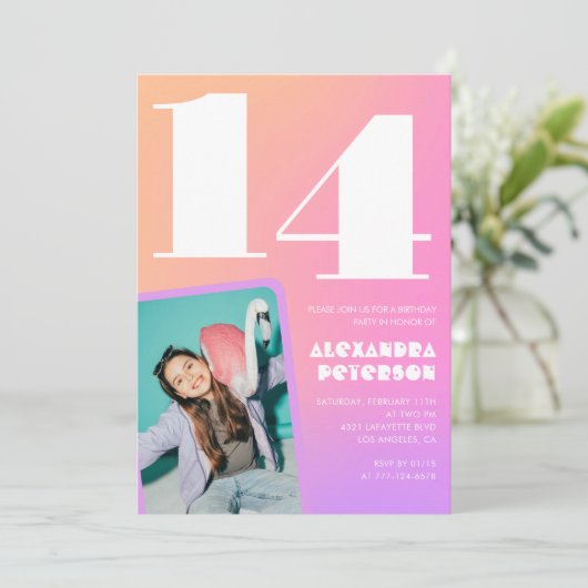 Roze Sinaasappel 14e verjaardagsuitnodiging Retro Kaart (Staand voorkant)