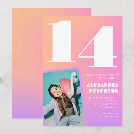 Roze Sinaasappel 14e verjaardagsuitnodiging Retro Kaart (Voorkant / Achterkant)