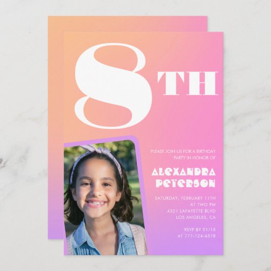 Roze Sinaasappel 8e verjaardagsuitnodigingen Meisj Kaart (Voorkant / Achterkant)