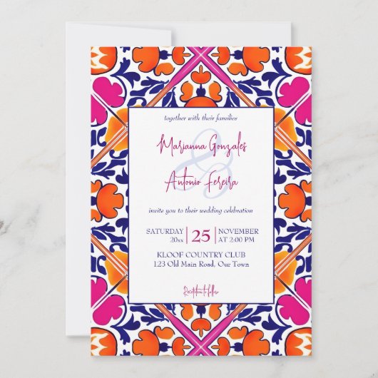 Roze sinaasappel blauw Mexicaanse tegels bruiloft Kaart (Voorkant)