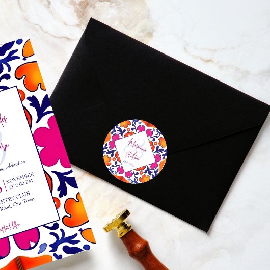 Roze sinaasappel blauw Mexicaanse tegels bruiloft Ronde Sticker