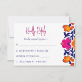 Roze sinaasappel blauw Mexicaanse tegels bruiloft RSVP Kaartje (Voorkant)