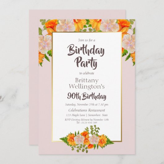 Roze Sinaasappel Bloemen 90ste Verjaardagsfeestje Kaart (Voorkant / Achterkant)