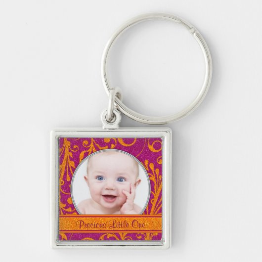 Roze Sinaasappel Bloemen Baby Foto Template Sleute Sleutelhanger (Voorkant)