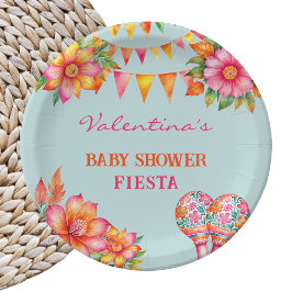Roze Sinaasappel Bloemen Blauw Fiesta Baby shower Papieren Bordje