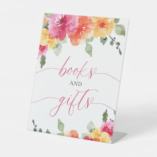 Roze sinaasappel bloemen boeken en geschenken baby reclamebord met voetstuk