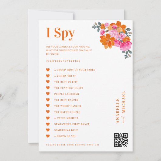 Roze & Sinaasappel Bloemen Bruiloft I Spy Hunt Gam Kaart (Voorkant)