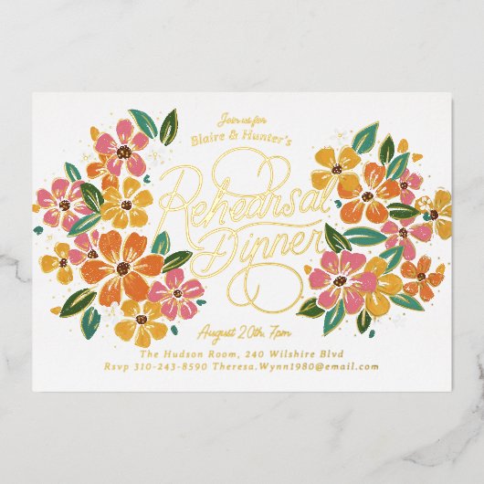 Roze Sinaasappel Bloemen Hand-Lettered repetitie D Folie Uitnodiging (Voorkant)