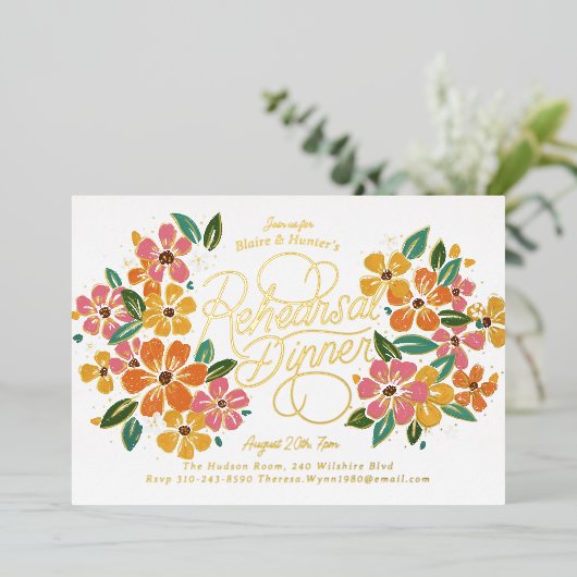 Roze Sinaasappel Bloemen Hand-Lettered repetitie D Folie Uitnodiging (Staand Voorkant)