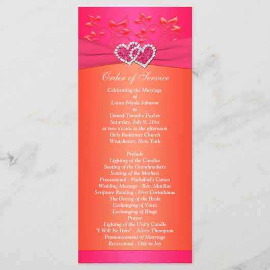 Roze Sinaasappel Bloemen, Harten Trouwprogramma 2 Programmakaart (Voorkant)