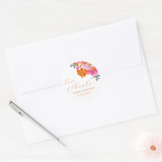 Roze & Sinaasappel Bloemen Liefde & Bedankt Afstud Ronde Sticker (Envelop)