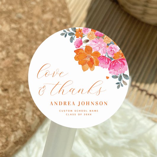 Roze & Sinaasappel Bloemen Liefde & Bedankt Afstud Ronde Sticker