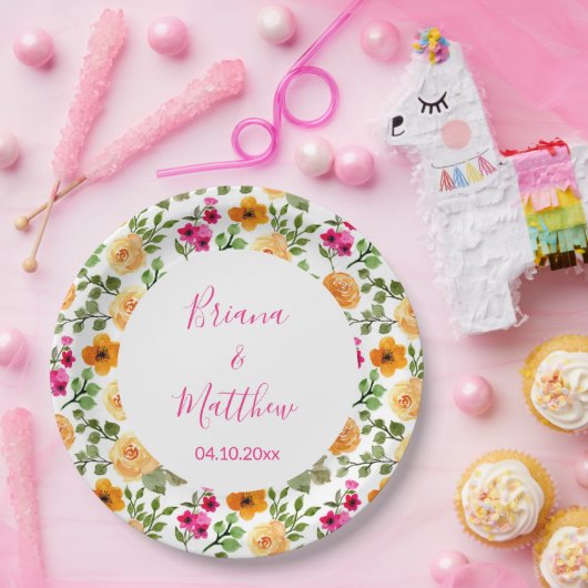 Roze Sinaasappel Bloemen Script Papieren Bordje (Feest)