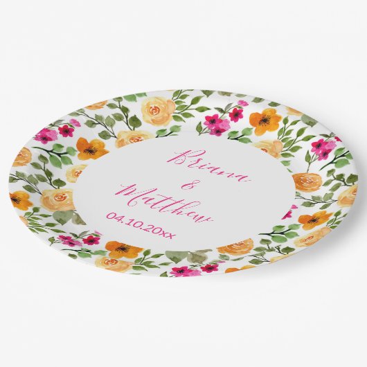 Roze Sinaasappel Bloemen Script Papieren Bordje (Gekanteld)