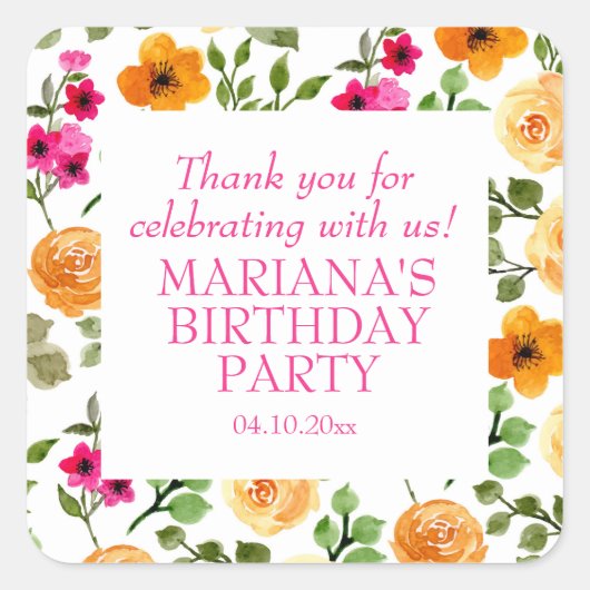 Roze Sinaasappel Bloemen Verjaardagsfeestje Favor Vierkante Sticker (Voorkant)