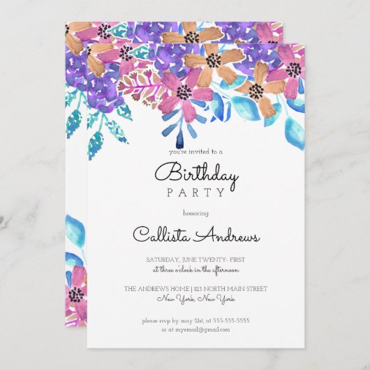 Roze Sinaasappel Bloemen Waterverf Meisje Verjaard Kaart (Voorkant / Achterkant)