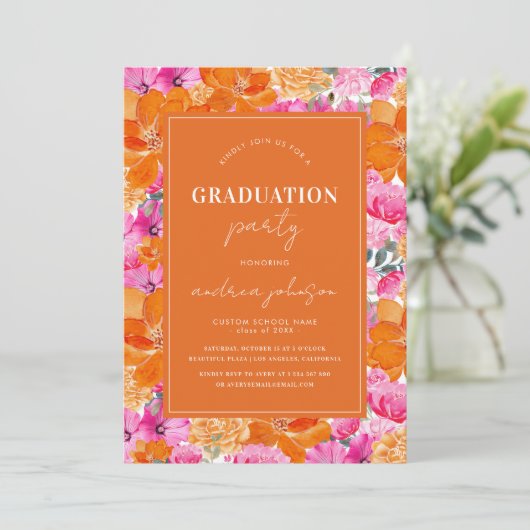 Roze Sinaasappel Bloementuin Modern Graduation Par Kaart (Staand voorkant)