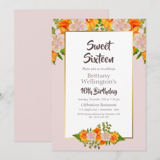 Roze Sinaasappel Bloemzoet 16 Verjaardagsfeest Kaart (Voorkant / Achterkant)