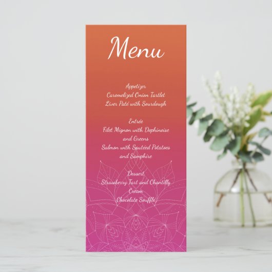 Roze & Sinaasappel Bright Ombre Mandala bruiloft Menu (Staand voorkant)