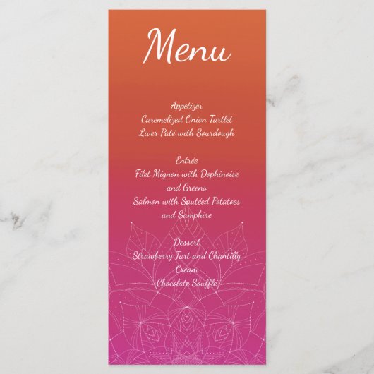 Roze & Sinaasappel Bright Ombre Mandala bruiloft Menu (Voorkant)