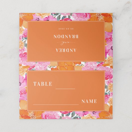 Roze & Sinaasappel Bright Summer Garden Trouwtafel Plaatskaartje (Buitenkant ongevouwen)