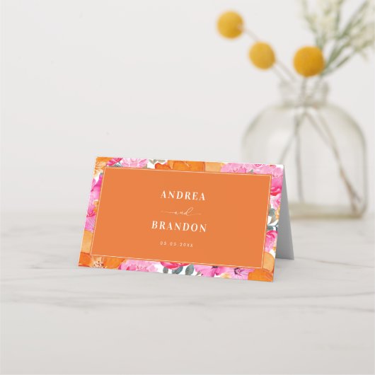 Roze & Sinaasappel Bright Summer Garden Trouwtafel Plaatskaartje (Achterkant)