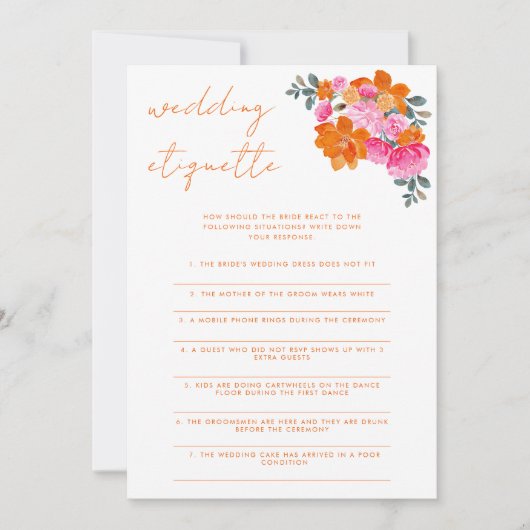 Roze & Sinaasappel Bruiloft Etiquette Vrijgezellen Kaart (Voorkant)