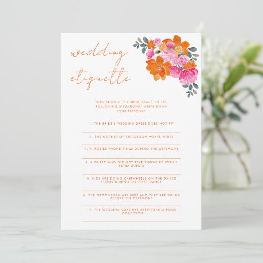 Roze & Sinaasappel Bruiloft Etiquette Vrijgezellen Kaart (Staand voorkant)