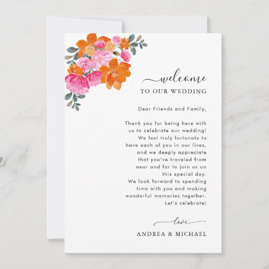 Roze Sinaasappel bruiloft welkomstbrief reisschema Kaart (Voorkant)