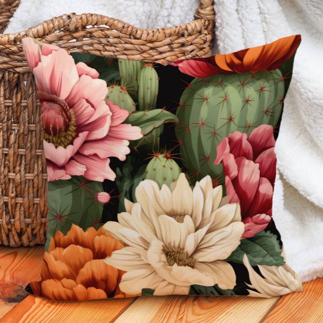 Roze Sinaasappel Cream Succulent Floral Cactus Zwa Kussen (Cactus and pink, cream, and burnt orange floral pillow)