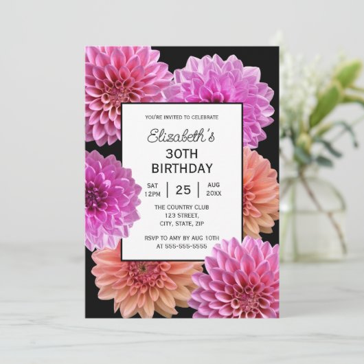 Roze Sinaasappel Dahlia Bloemen Zwart 30ste Verjaa Kaart (Staand voorkant)