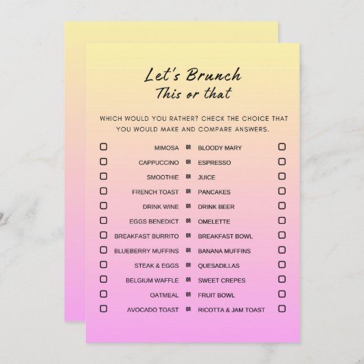 Roze Sinaasappel dit of dat brunch party spel Kaart (Voorkant / Achterkant)