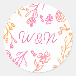 Roze Sinaasappel Eenvoudig Bloemenschrift Monogram Ronde Sticker