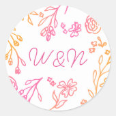 Roze Sinaasappel Eenvoudig Bloemenschrift Monogram Ronde Sticker (Voorkant)